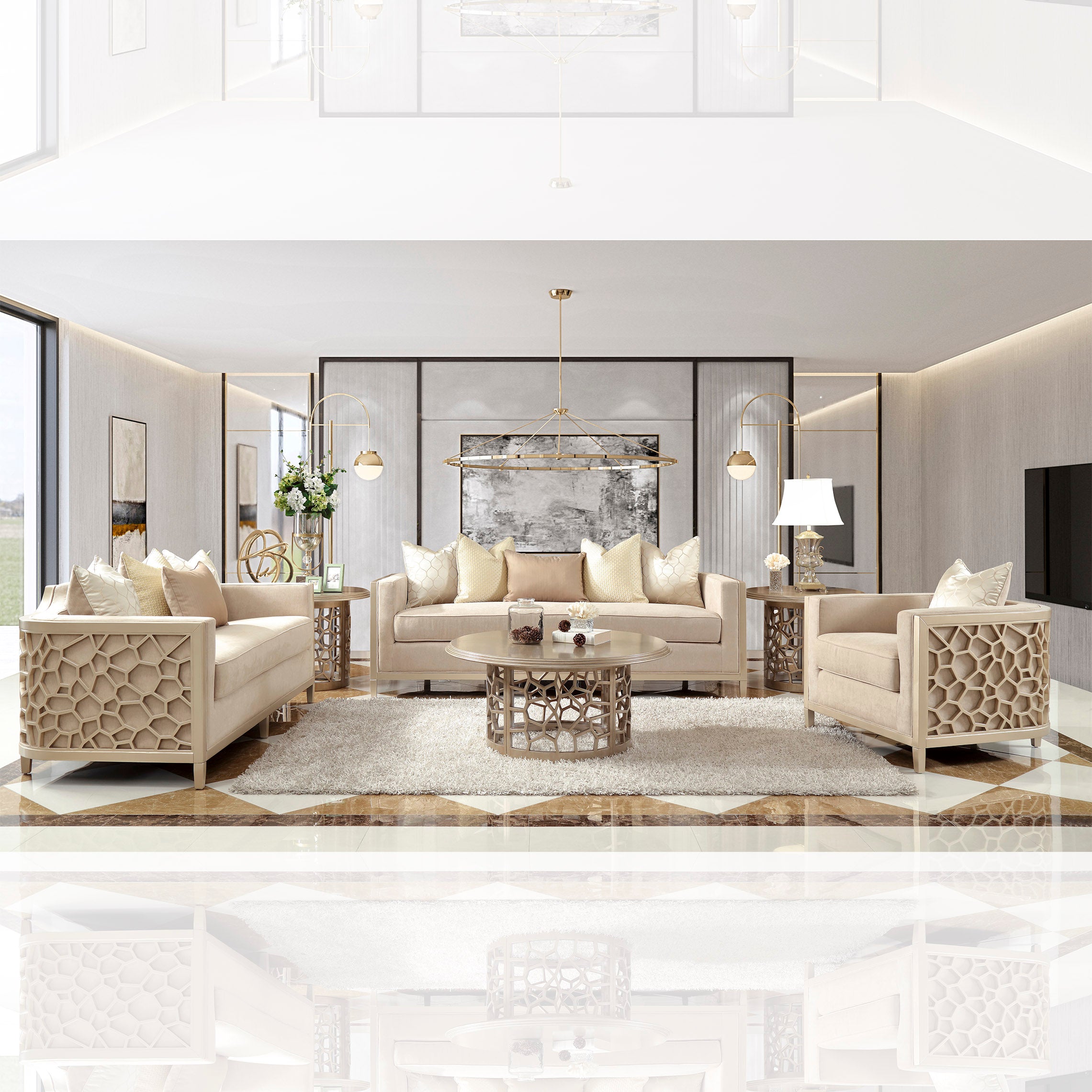 Champagne Fabric and Solid Wood Three-Piece Sofa Set