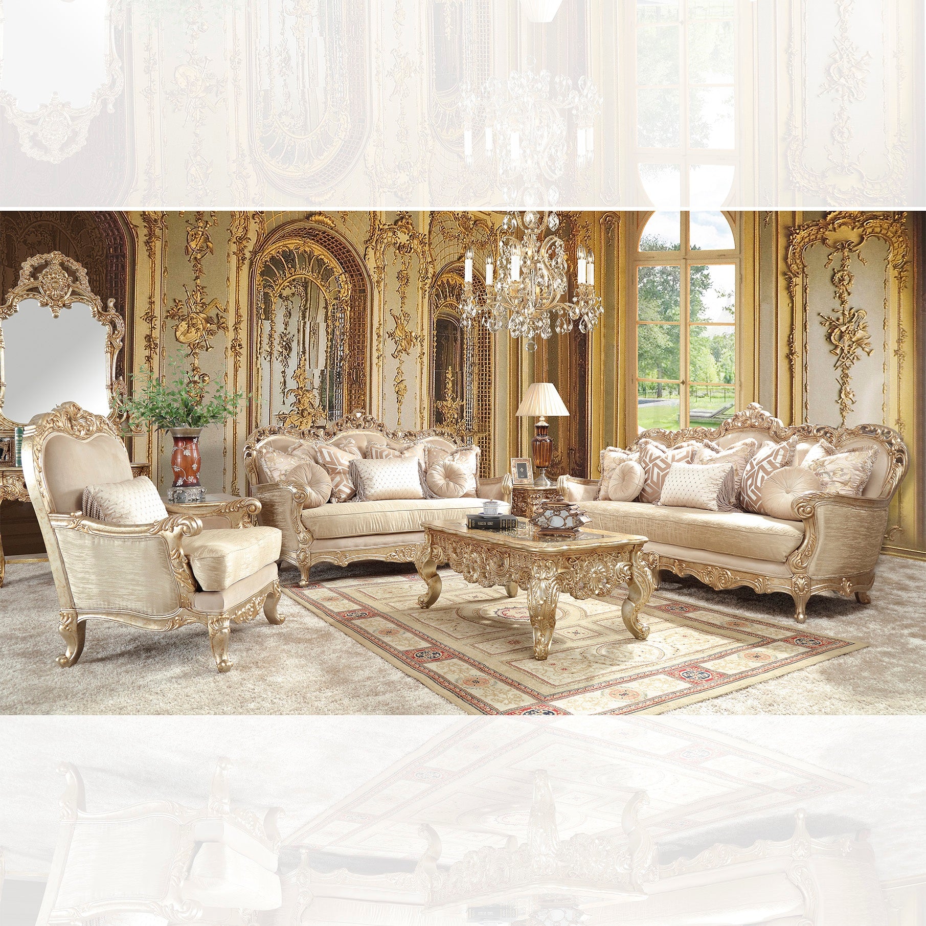 Metallic Antique Gold w/ Fabric and Solid Wood Three-Piece Sofa Set