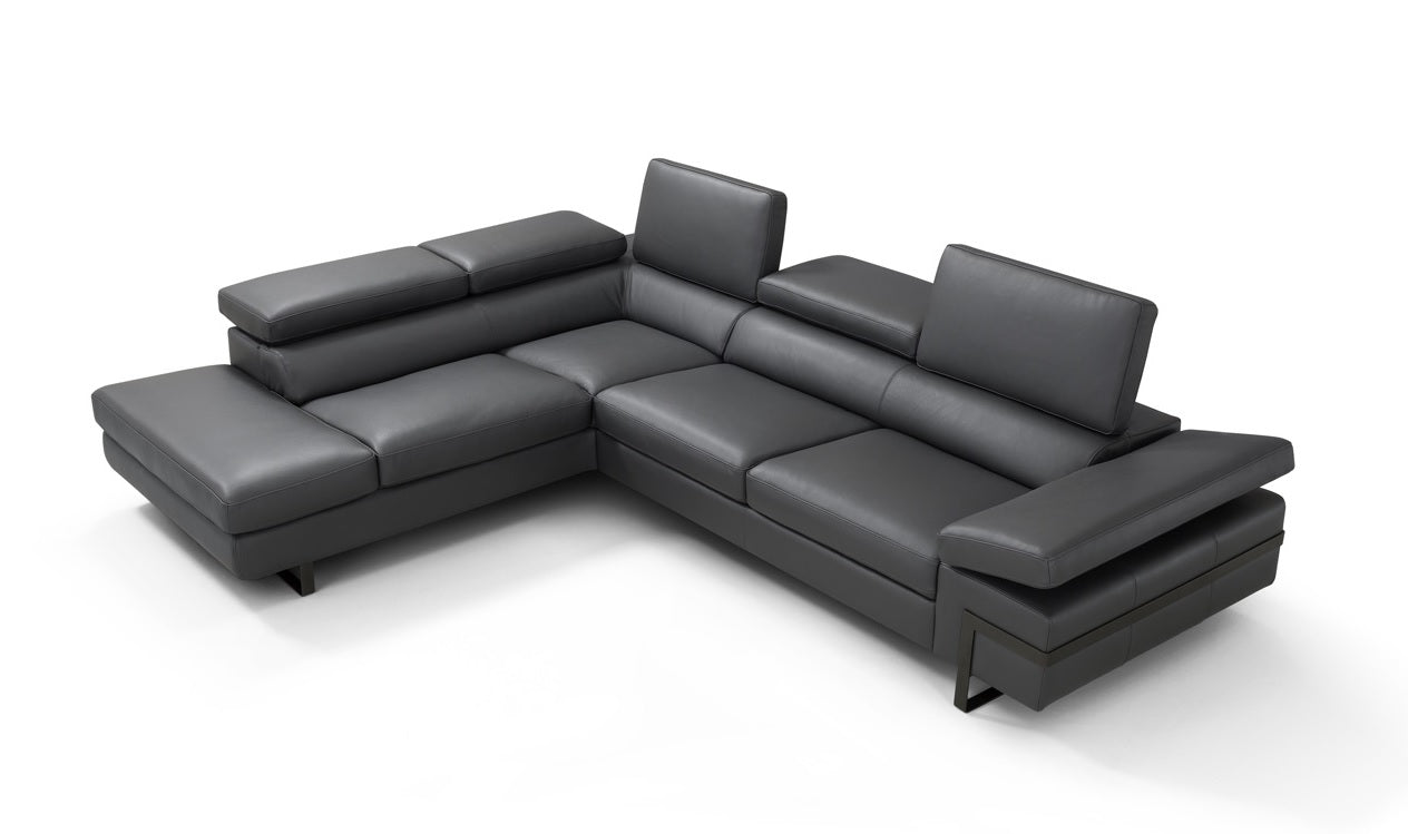 Grey Leather Sectional with Left-Hand-Facing Chaise