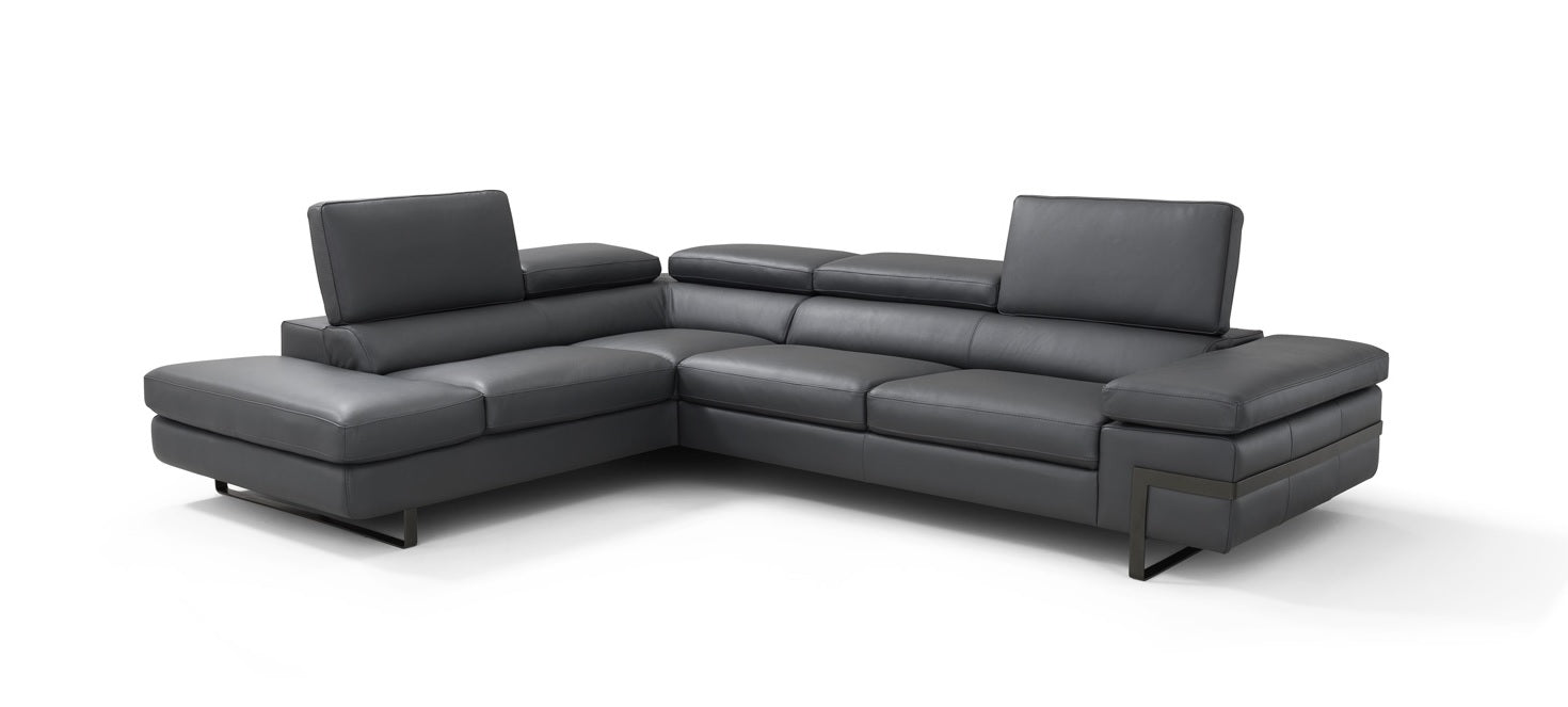 Grey Leather Sectional with Left-Hand-Facing Chaise