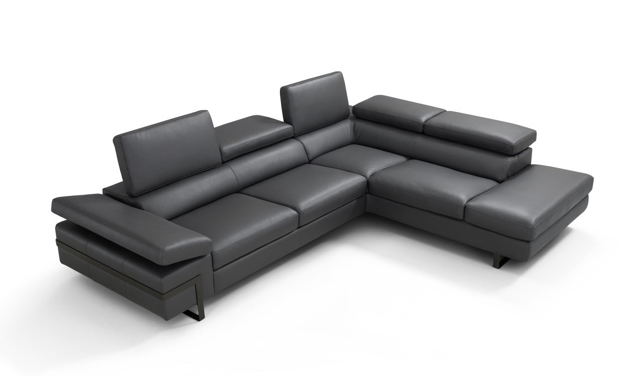 Grey Leather Sectional with Right-Hand-Facing Chaise