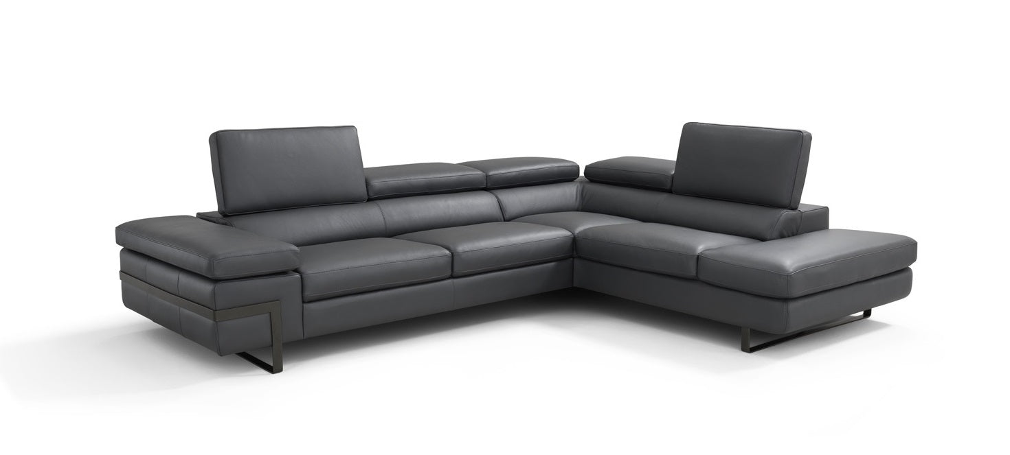 Grey Leather Sectional with Right-Hand-Facing Chaise