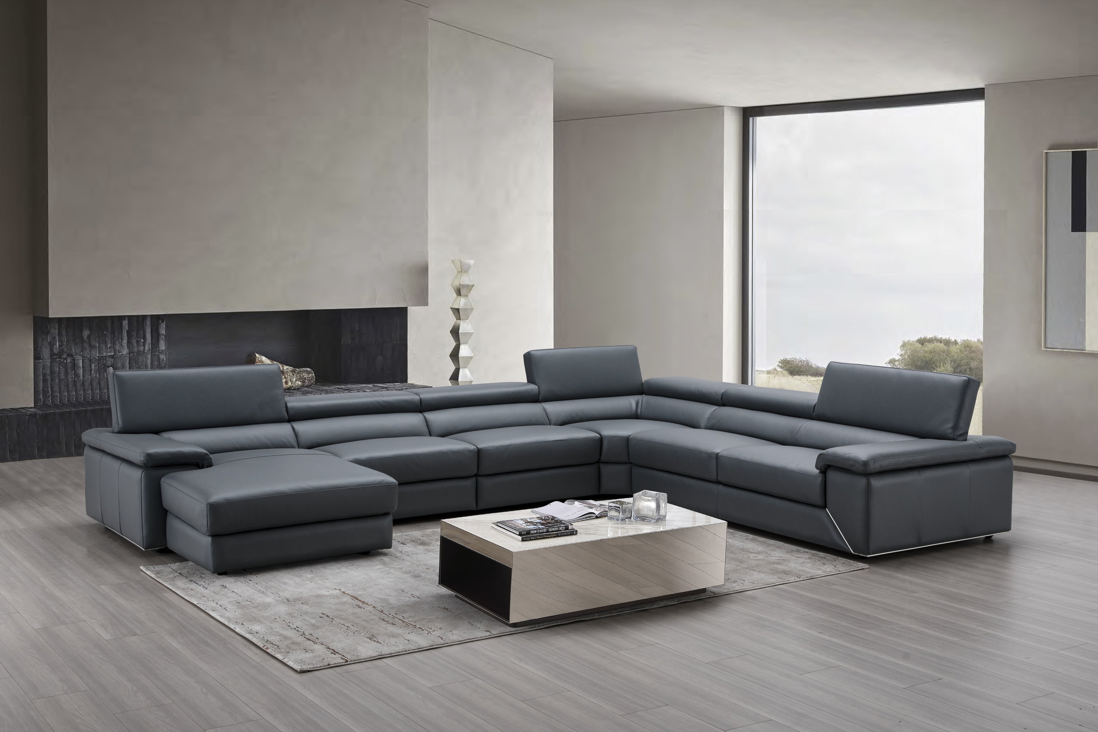 Kobe Blue Grey Leather Sectional with Left-Facing Chaise
