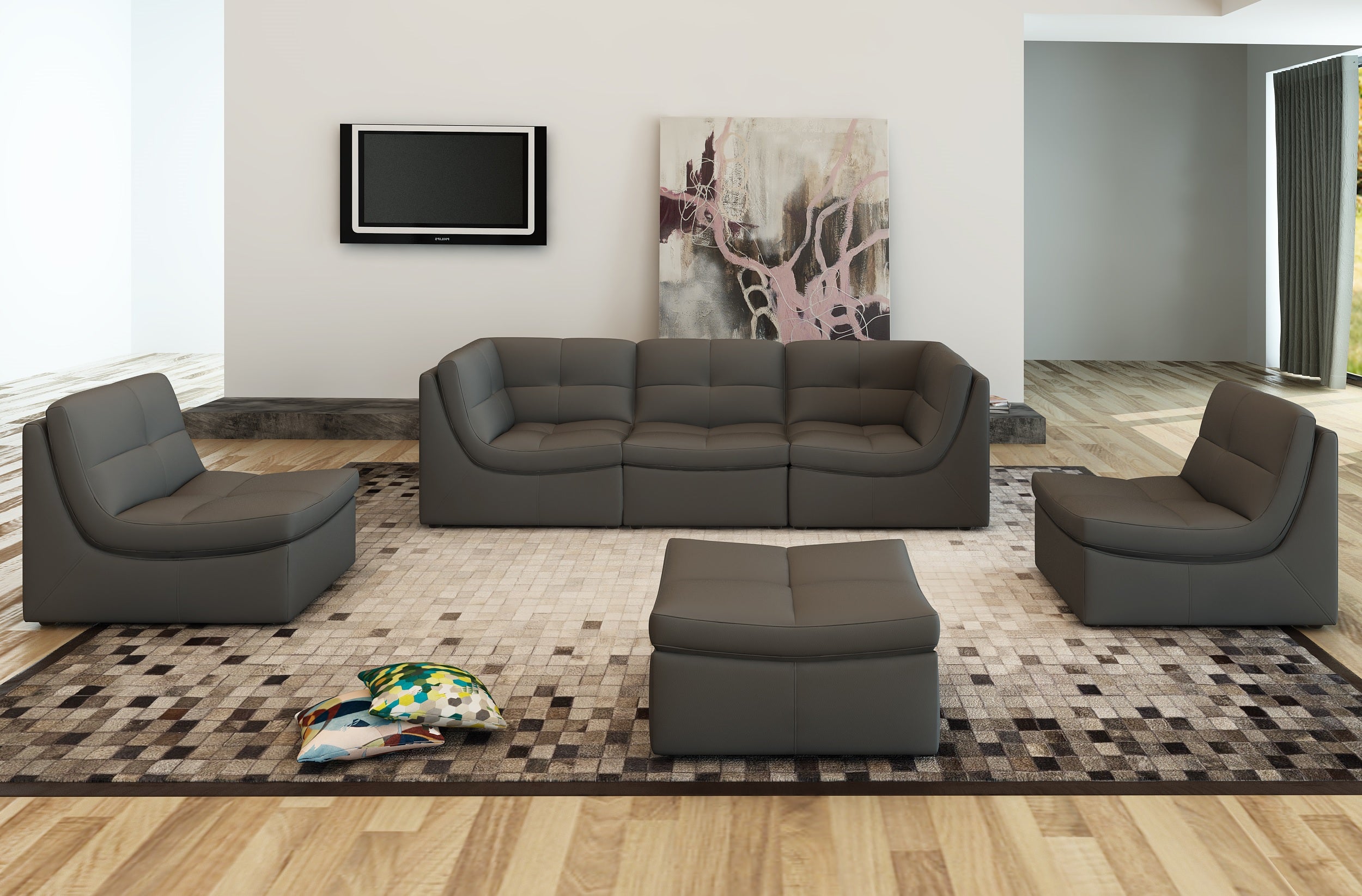 Grey Leather Six-Piece Modular Seating Set
