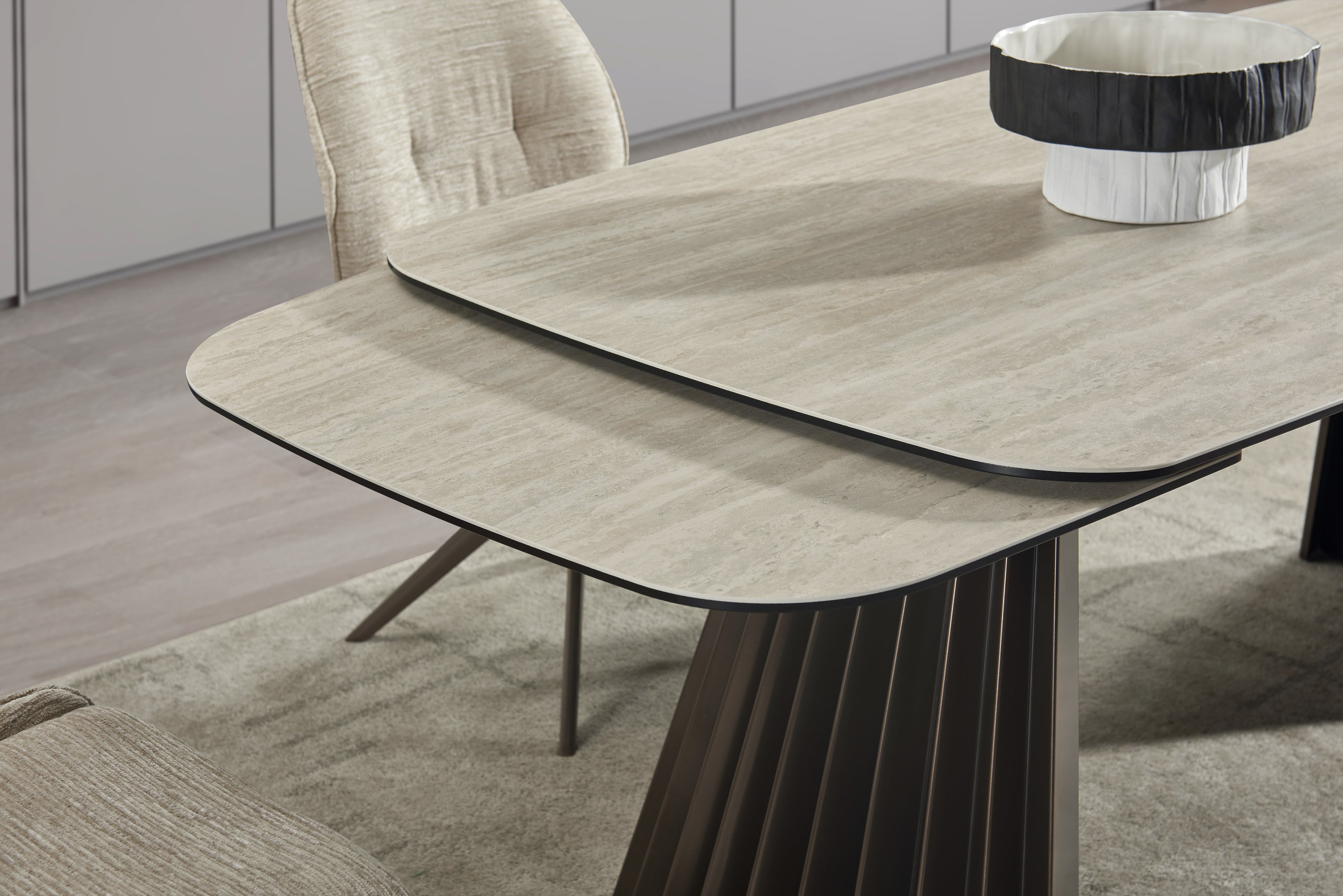 Warm Travertine Ceramic-Top Extension Dining Table