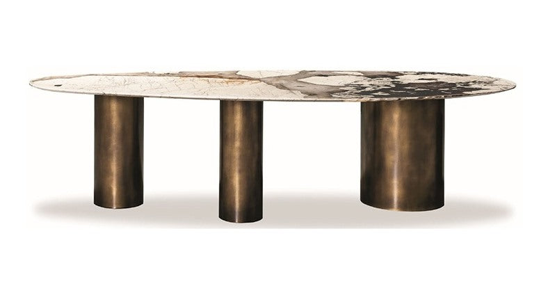 Oval Dining Table with Three Cylindrical Pedestal Bases