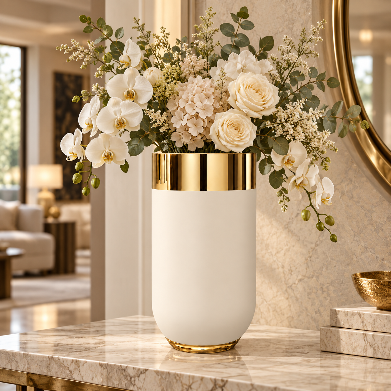Mirror Gold and Matte Beige Rounded Floor Planter — Lifestyle