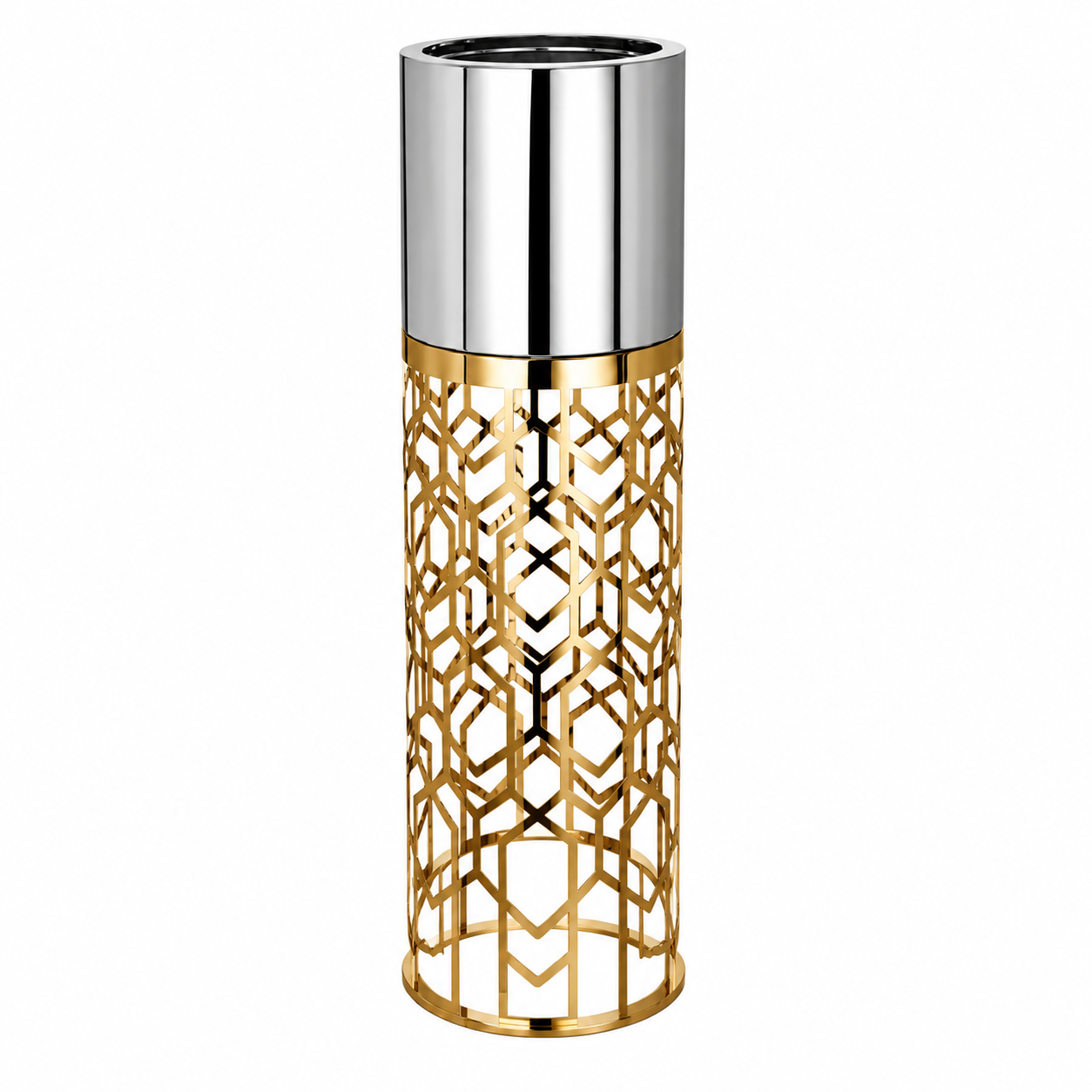 Brushed Silver Cylindrical Planter on Mirror Gold Stand