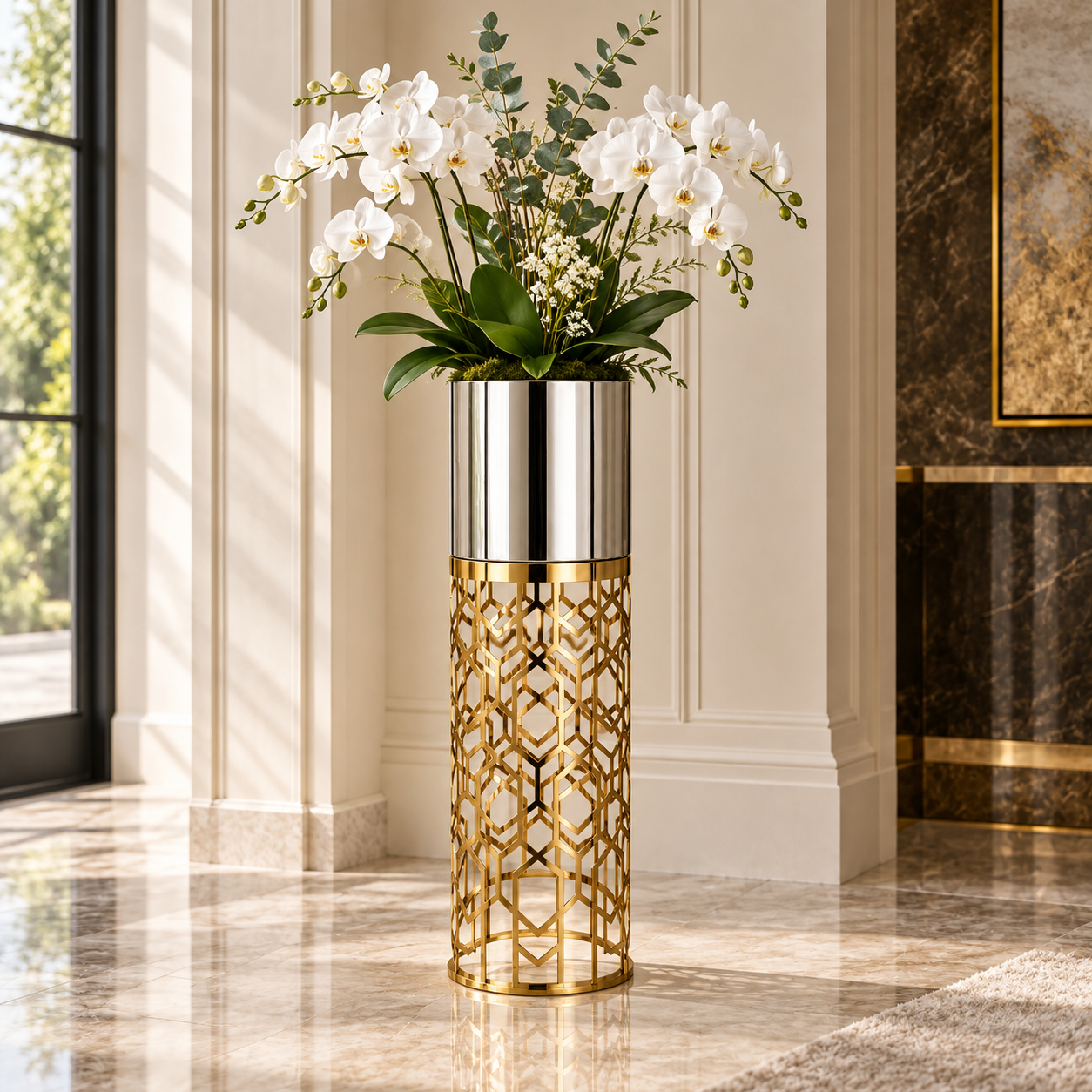 Brushed Silver Cylindrical Planter on Mirror Gold Stand — Lifestyle