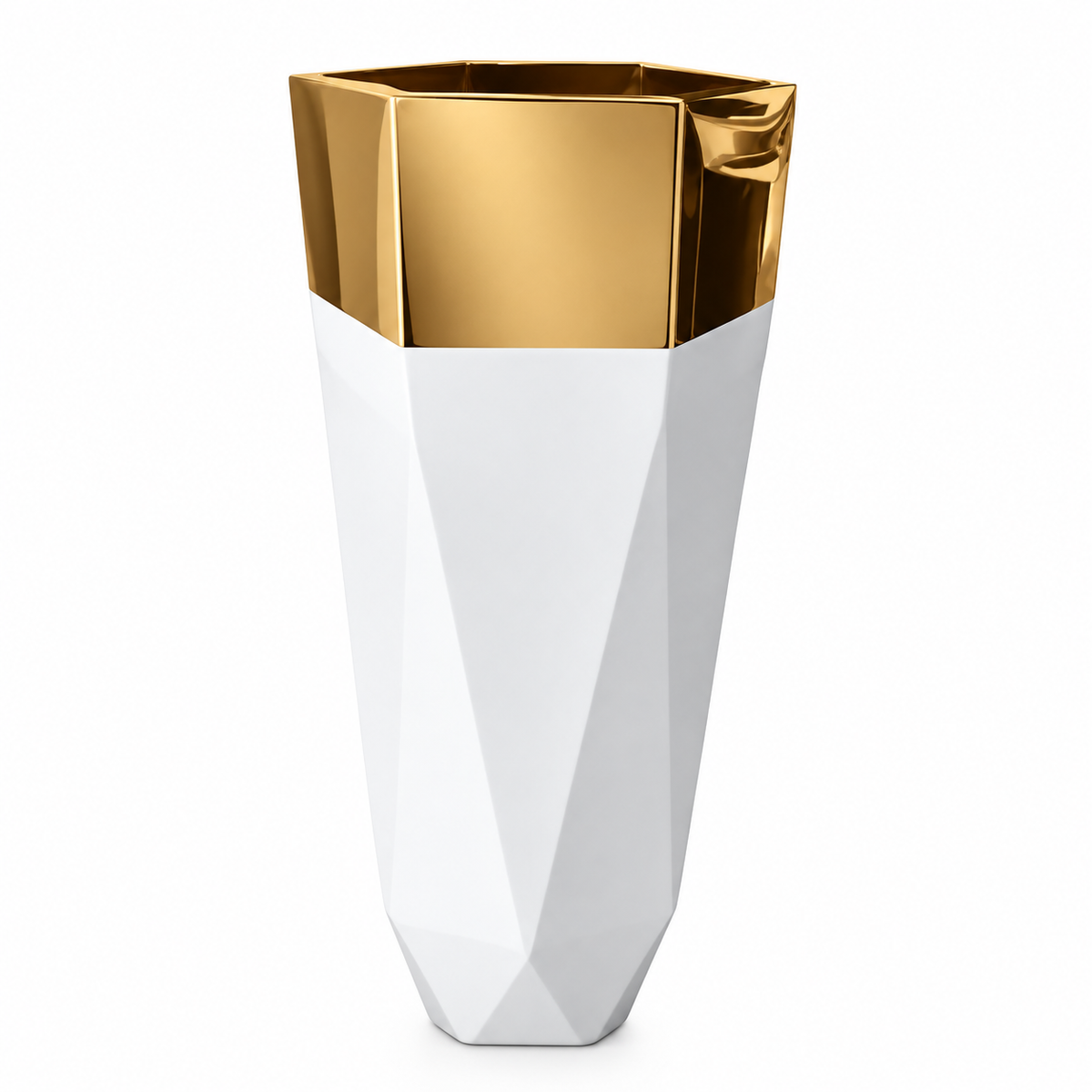 Mirror Gold and Matte White Faceted Floor Planter