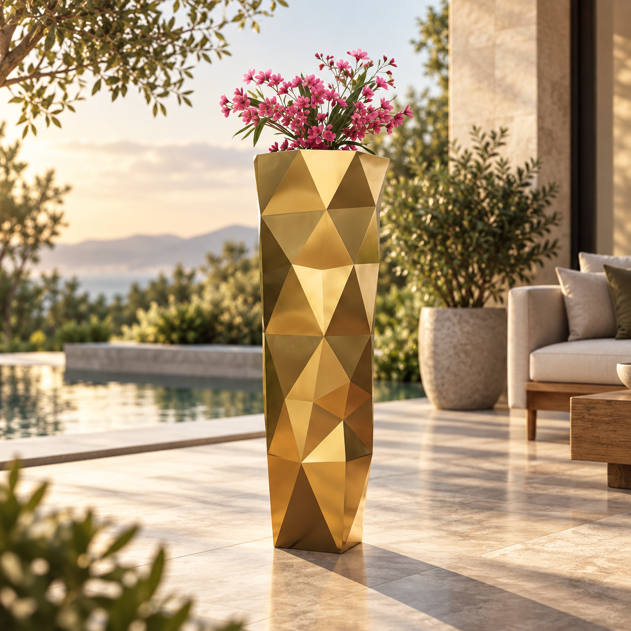 Mirror Gold Faceted Geometric Floor Planter — Lifestyle
