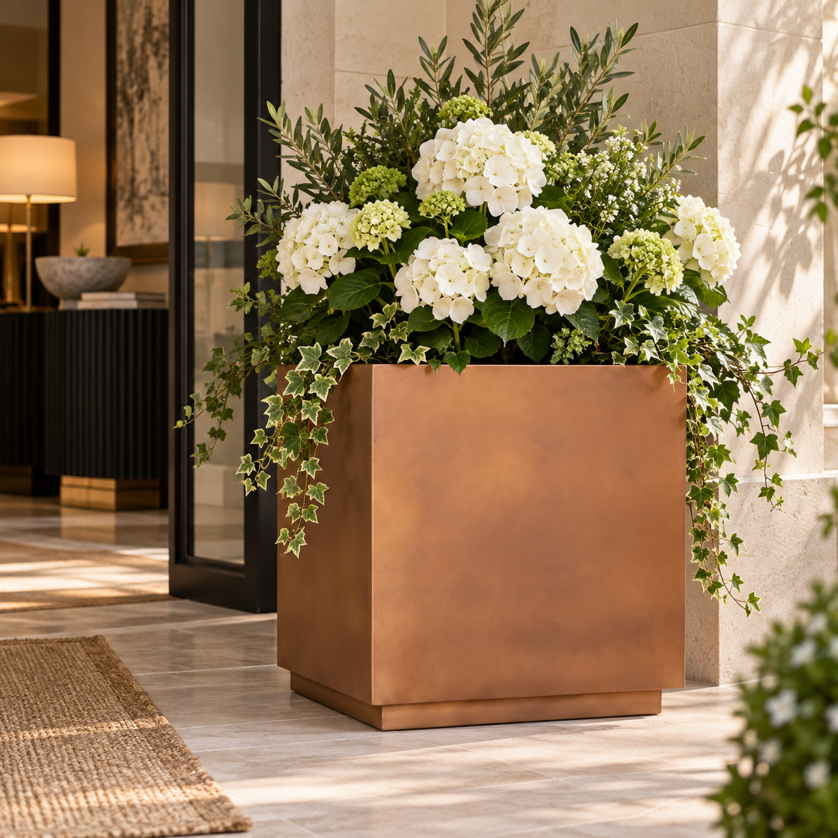 Large Matte Brown Square Planter — Lifestyle