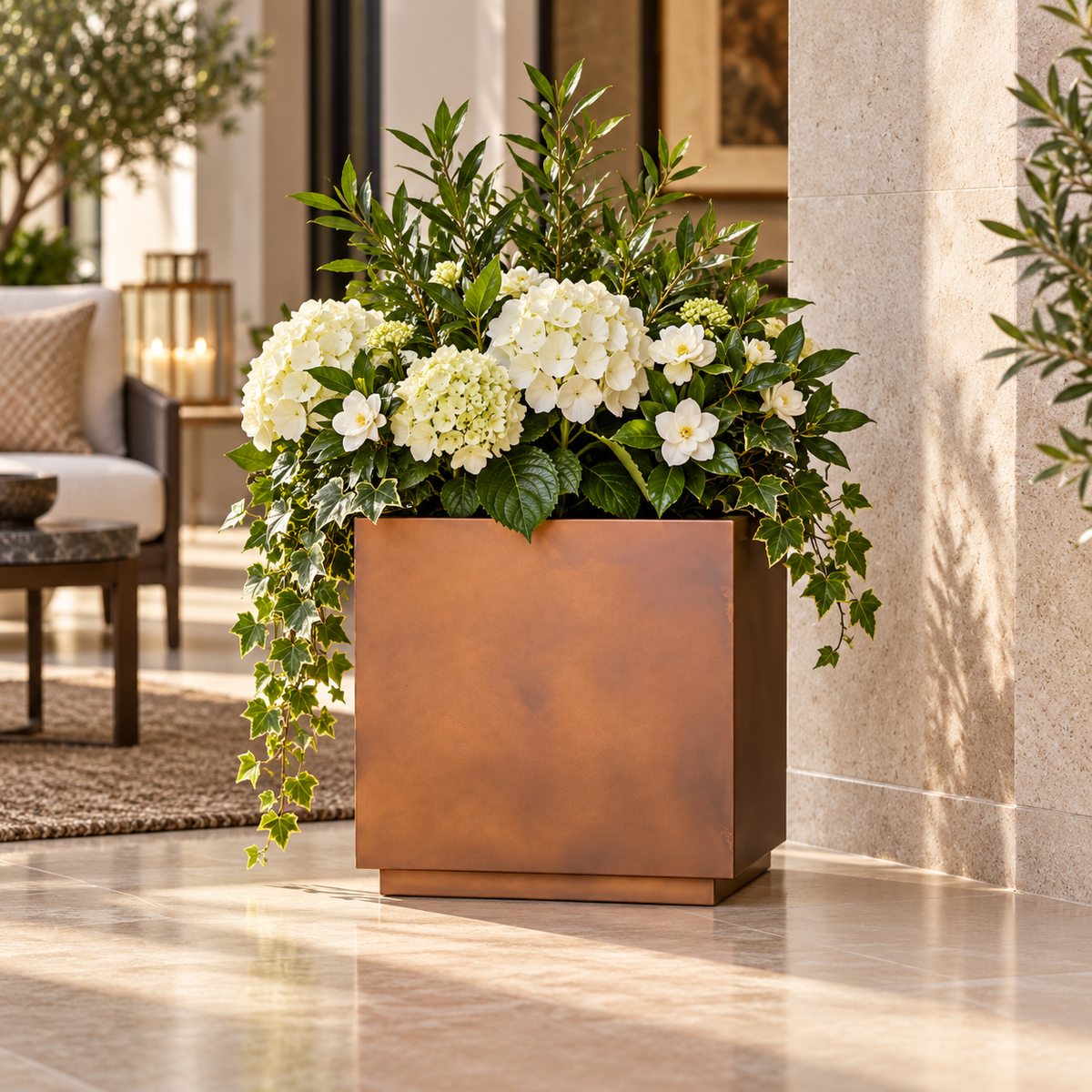 Small Matte Brown Square Planter — Lifestyle