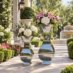 Mirror Silver Sculptural Hourglass Floor Planter — Lifestyle