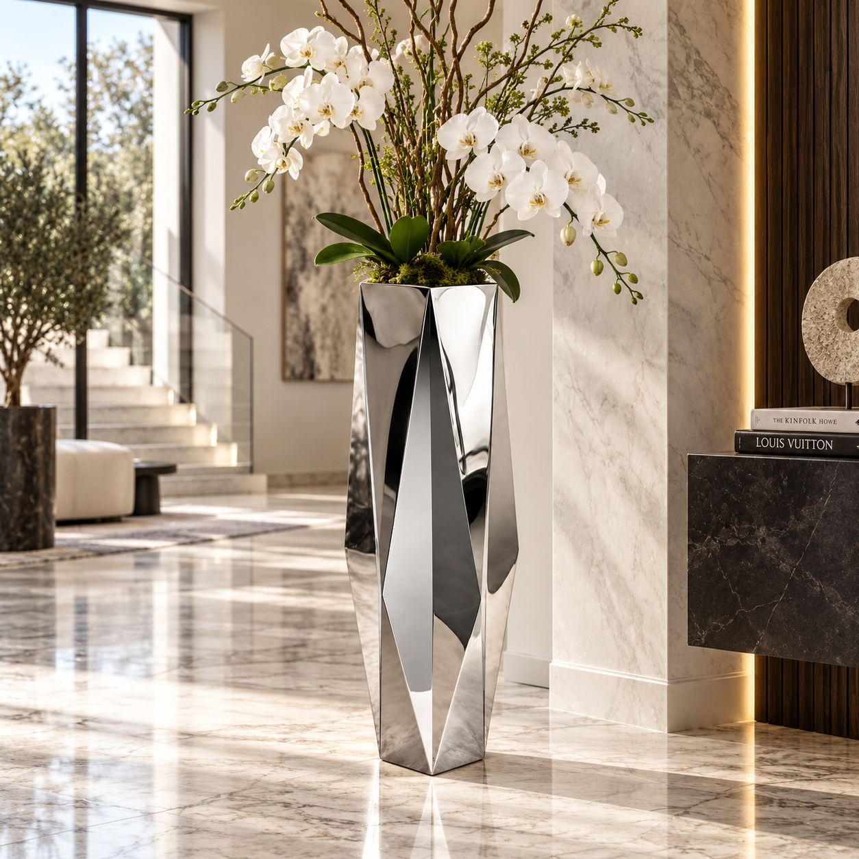 Mirror Silver Angular Floor Planter — Lifestyle