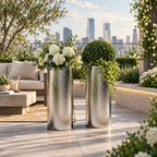 Brushed Silver Textured Floor Planter — Lifestyle