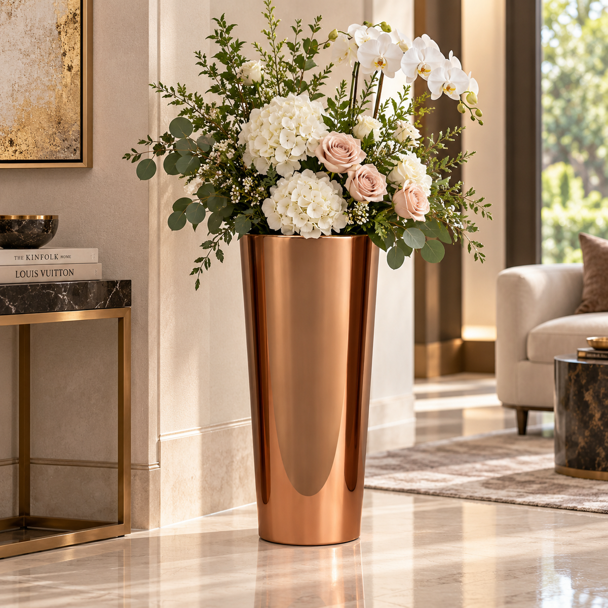 Mirror Rose Gold Cylindrical Floor Planter — Lifestyle