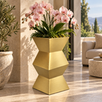 Brushed Gold Sculptural Pedestal Floor Planter — Lifestyle
