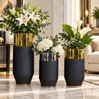 Mirror Gold and Matte Black Cylindrical Floor Planter — Lifestyle