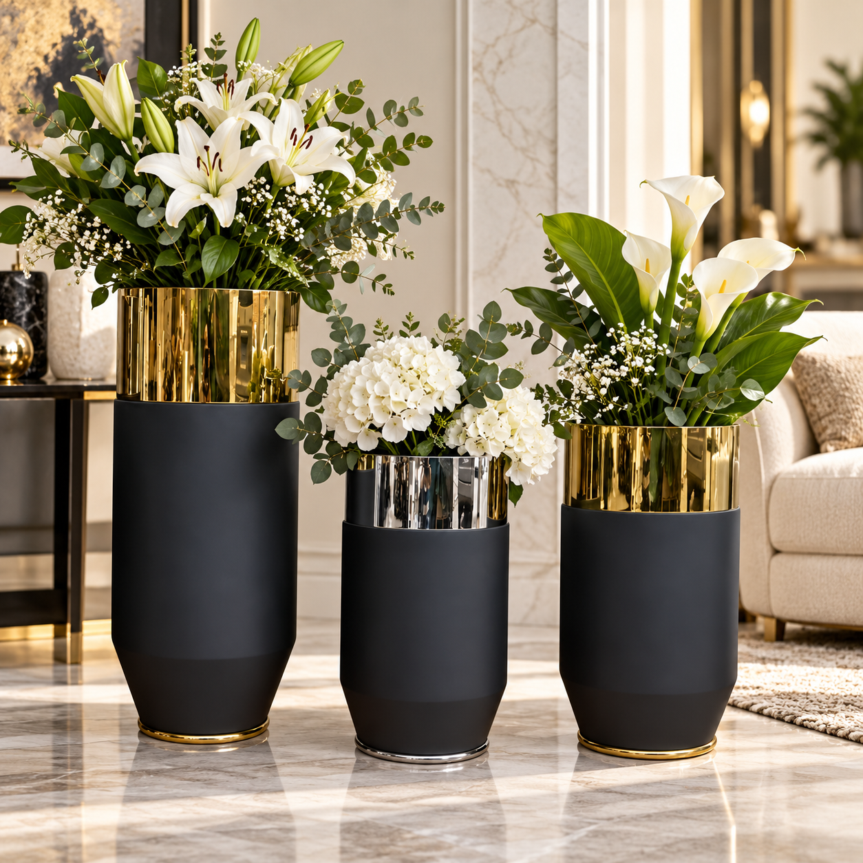Mirror Gold and Matte Black Cylindrical Floor Planter — Lifestyle