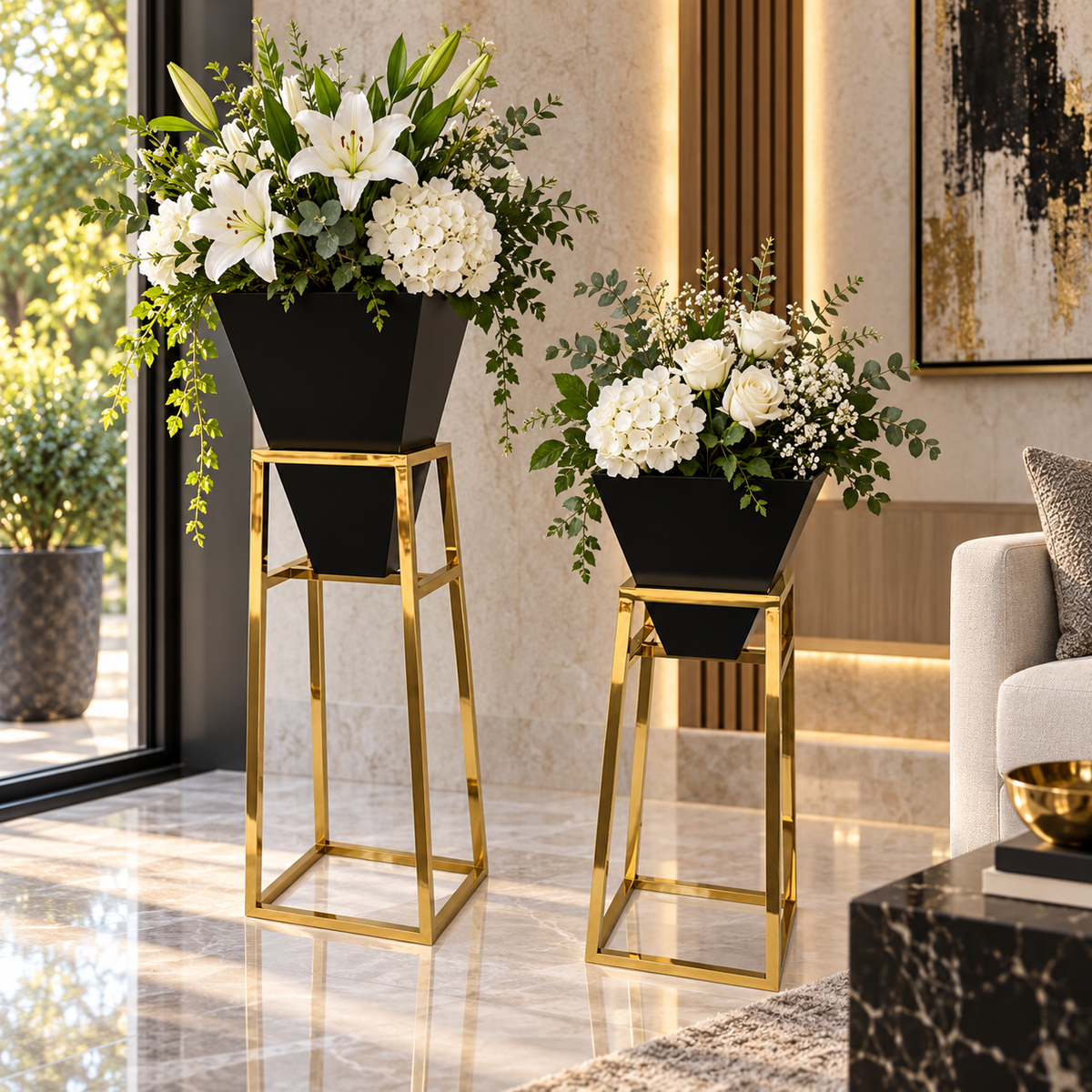 Matte Black Planter on Mirror Gold Stand — Lifestyle