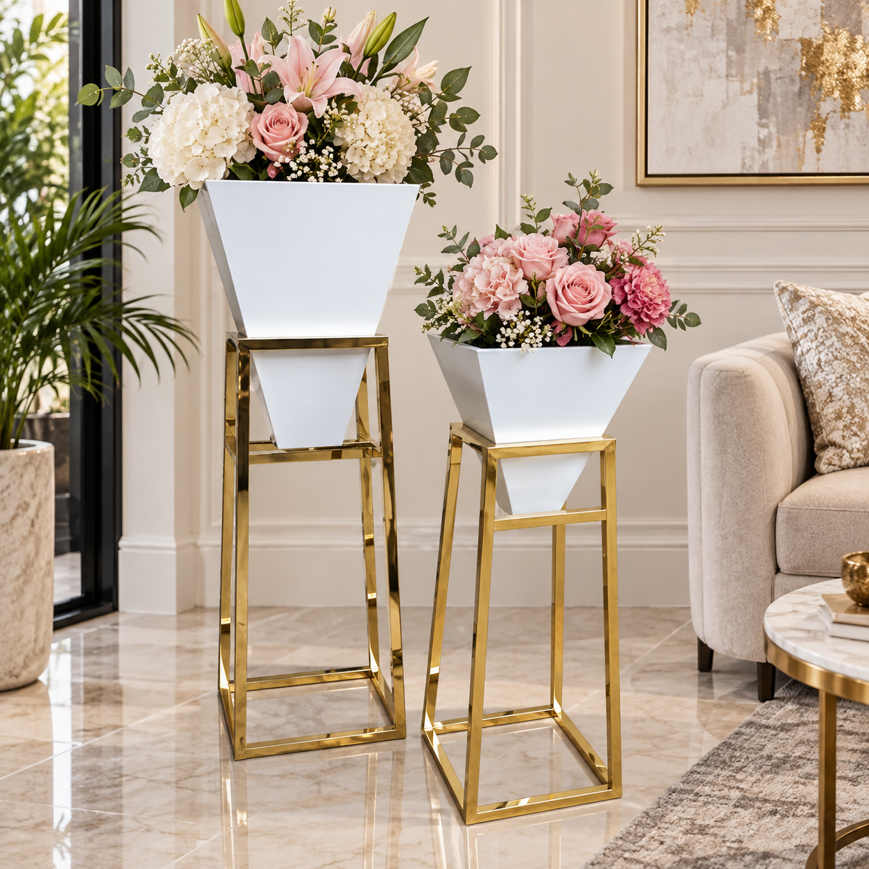 Matte White Planter on Mirror Gold Stand — Lifestyle