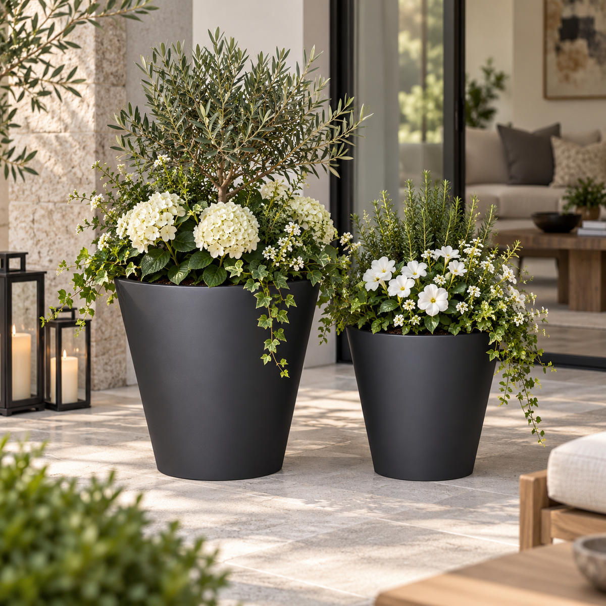 Matte Black Tapered Round Planter — Lifestyle