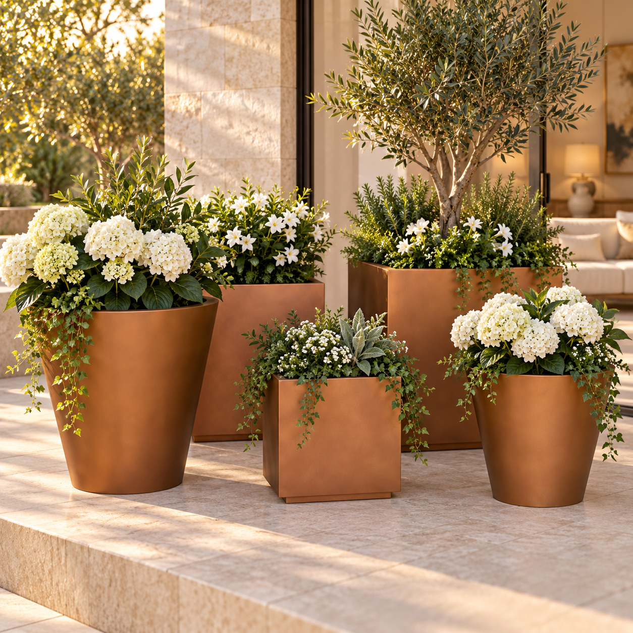 Matte Brown Tapered Round Planter — Lifestyle