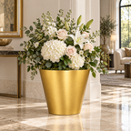Small Brushed Gold Tapered Round Planter — Lifestyle