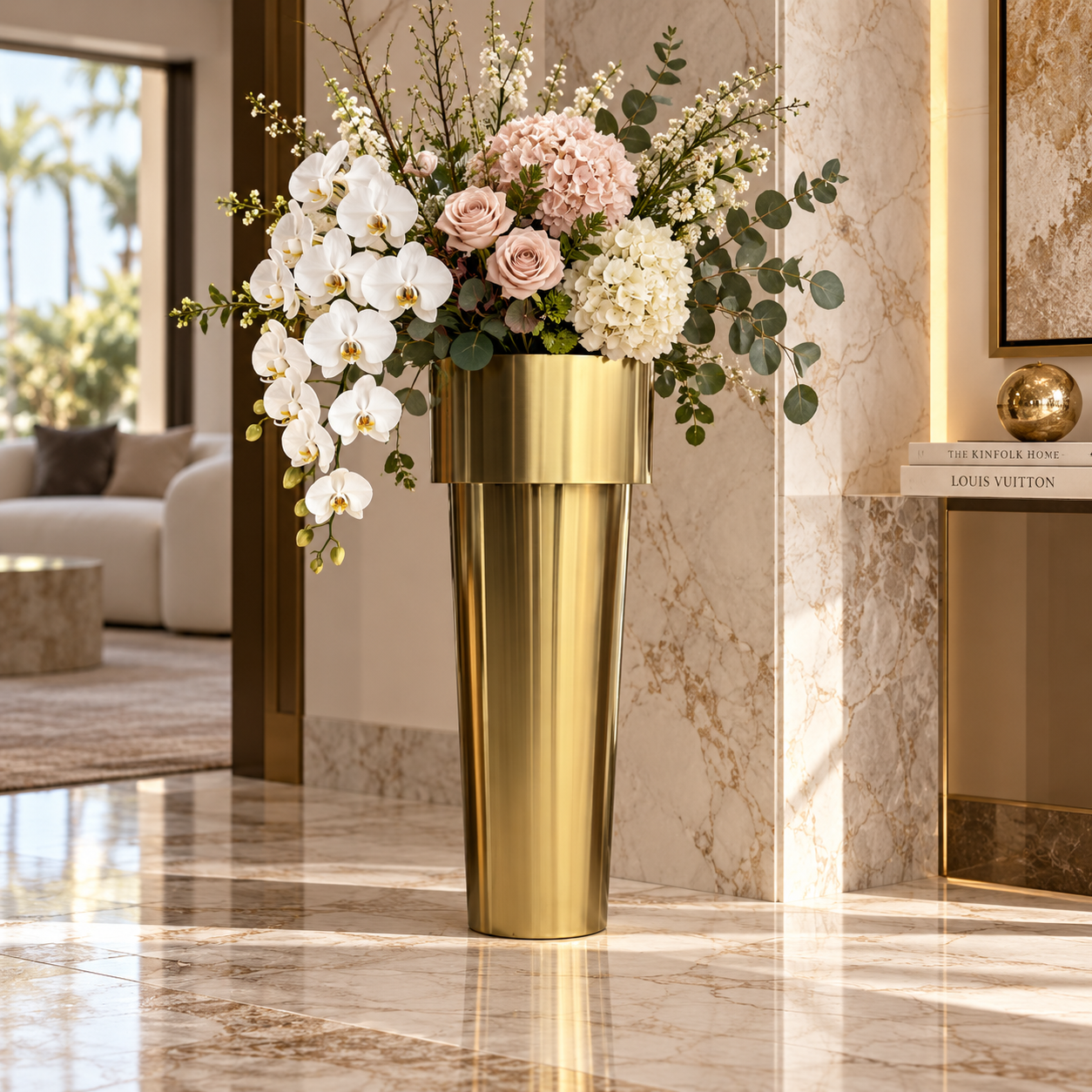 Brushed Gold Cylindrical Floor Planter — Lifestyle