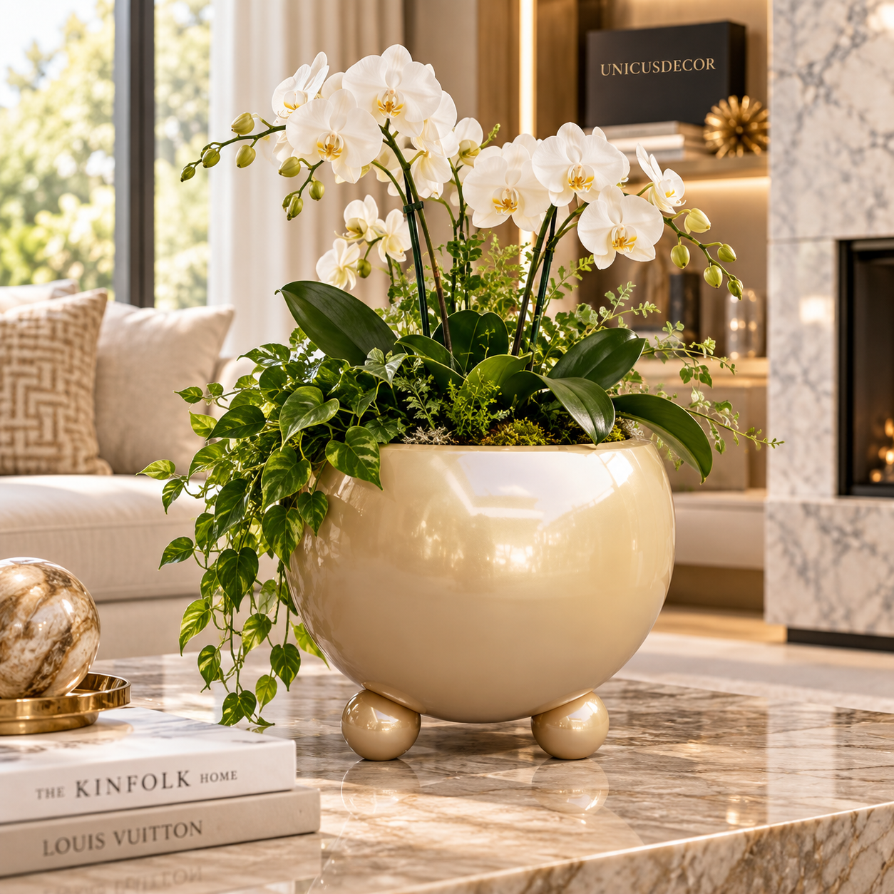Brass-Finish Rounded Planter with Short Feet — Lifestyle