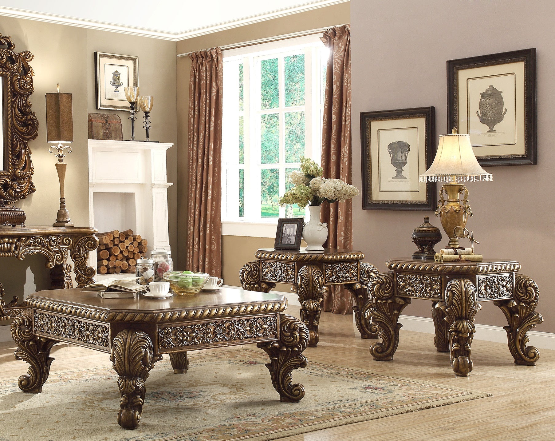 Three-Piece Antique Gold and Brown Table Set