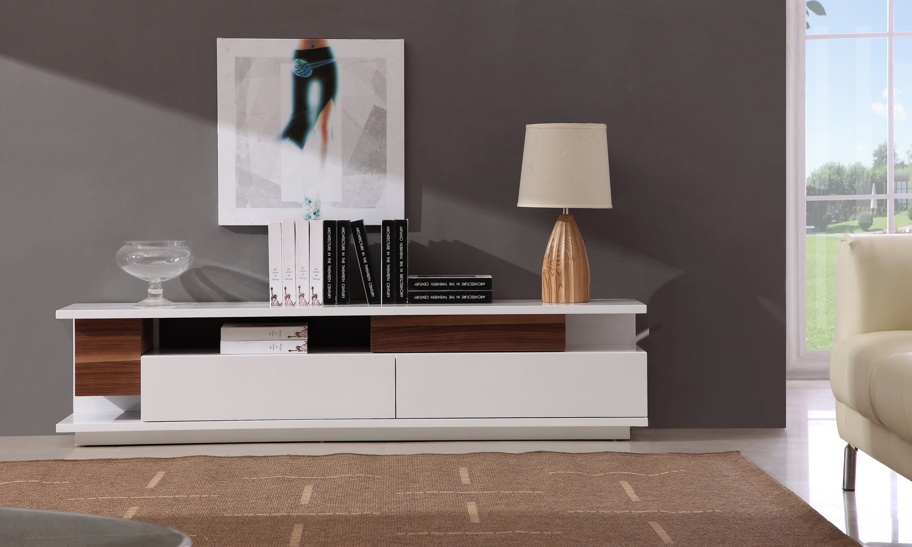 White High-Gloss and Walnut TV Console