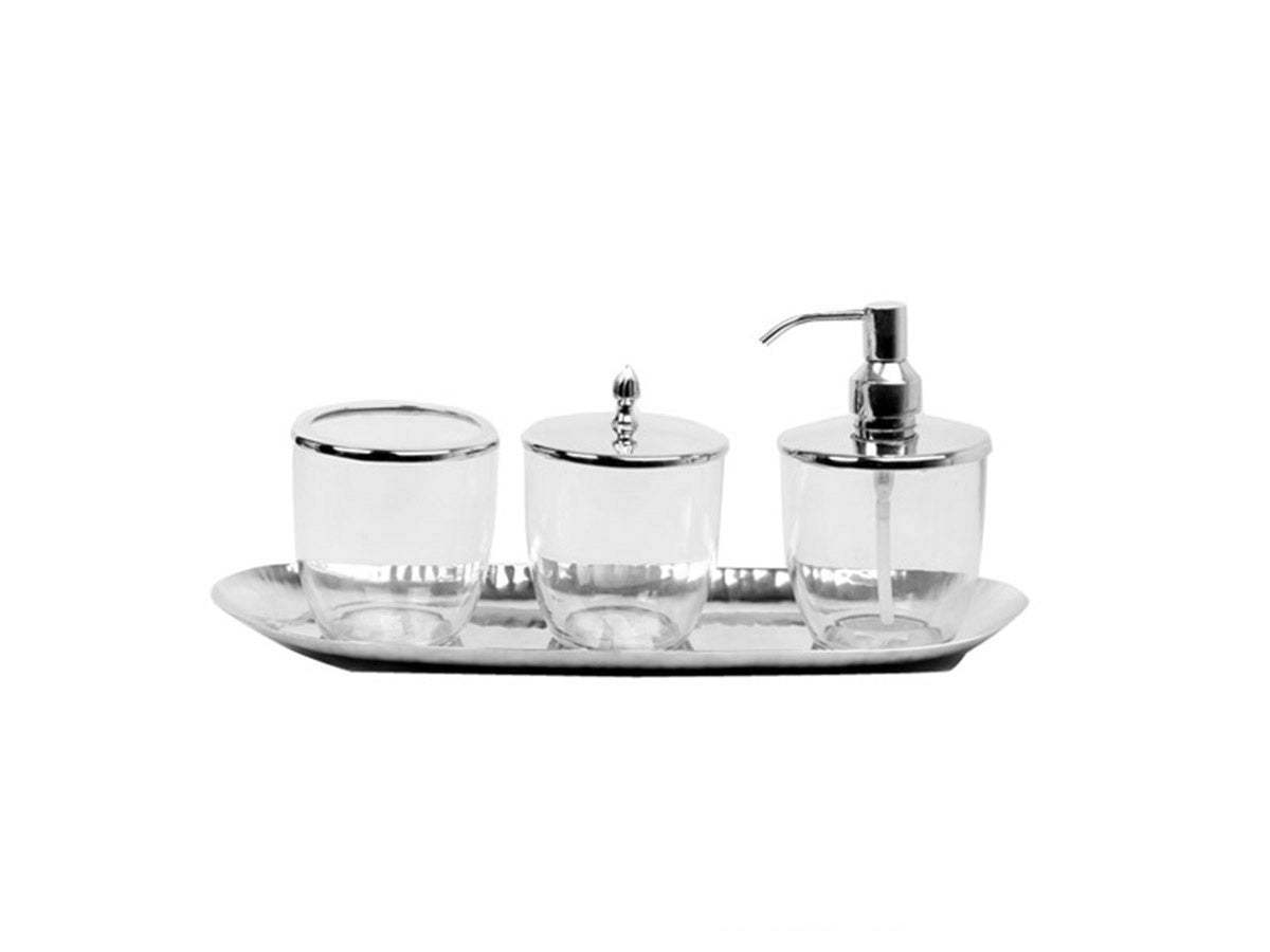 Clear Glass Bathware Set with Silver/Chrome Tray