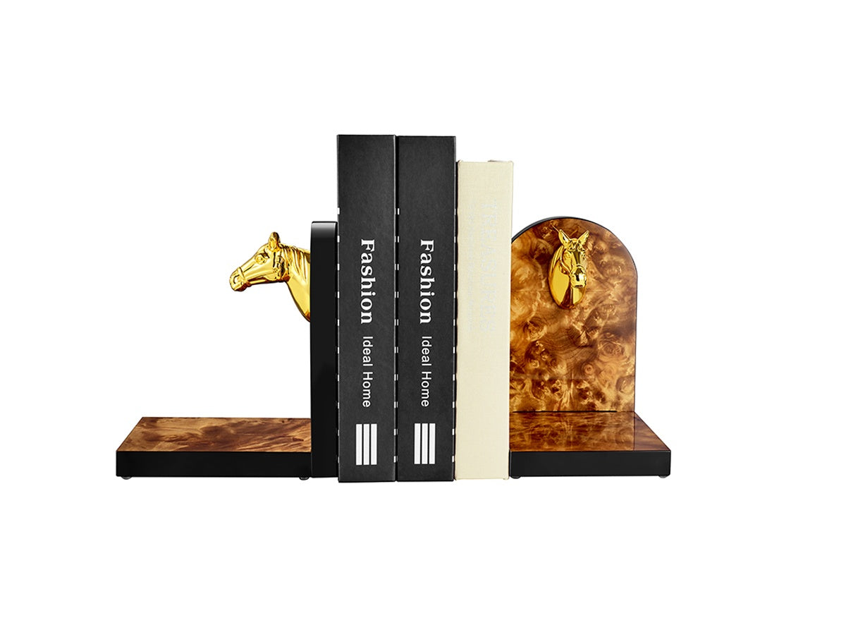 Golden Horse Wood and Zinc Alloy Bookends — Set of Two