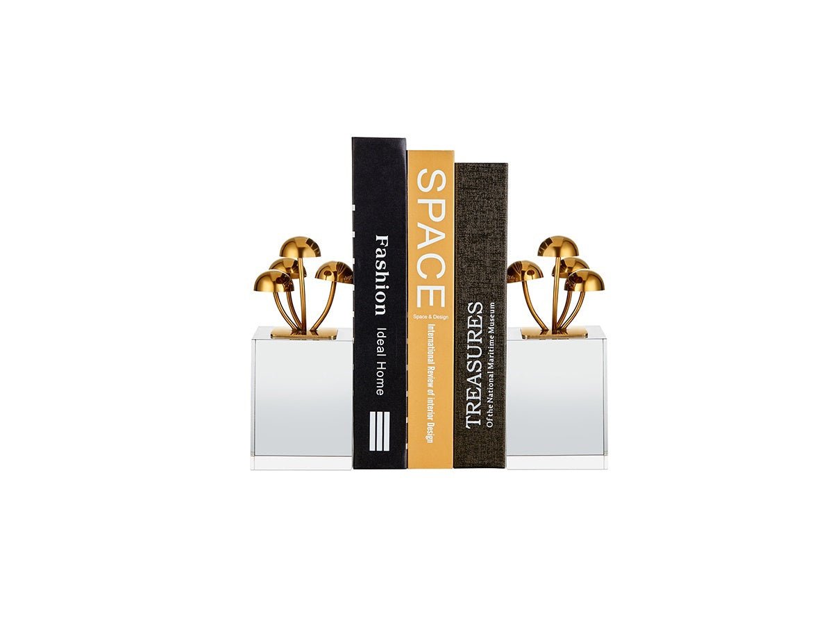 Polished Gold Mushroom Bookends in Steel and Crystal — Set of Two