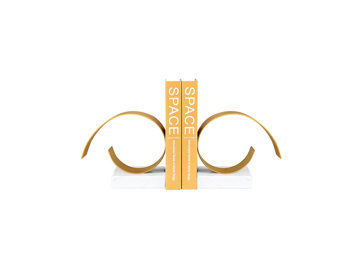 Brushed Gold Comma Bookends in Steel and Marble — Set of Two